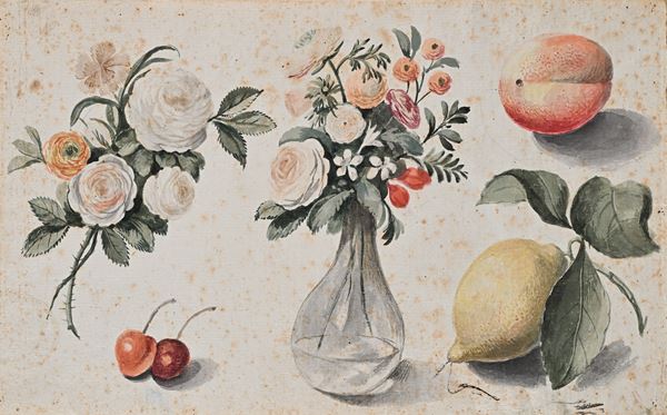 Natura mora con fiori e frutti