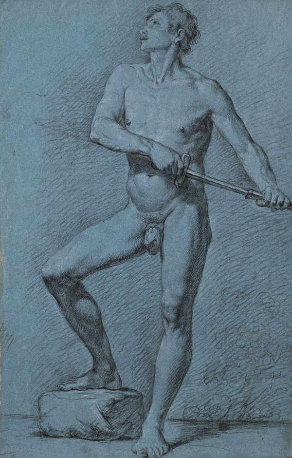 Emilian school of the 18th century : Recto: Nudo accademico - Verso: Volto della Maddalena  - Pietra nera con rialzi di gessetto bianco su carta azzurra - Auction Works on Paper - from the 16th to the 19th century - Casa d'Aste Arcadia
