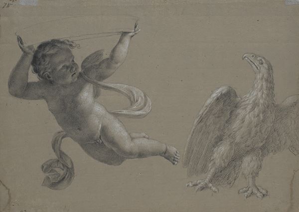 Francesco Podesti : Studio di Putto e aquila  - Pietra nera con rialzi di gessetto bianco su carta nocciola - Asta Works on paper - dal XVI al XIX secolo - Casa d'Aste Arcadia