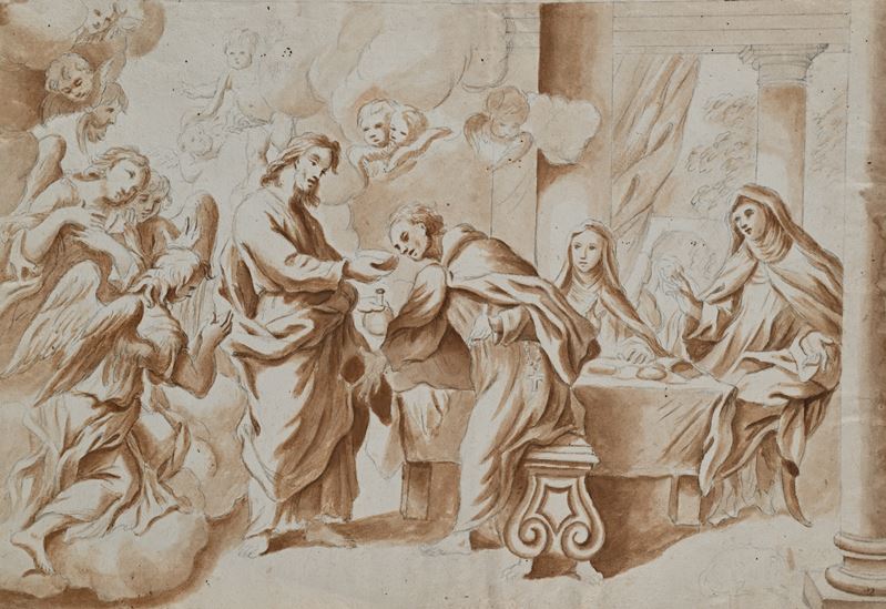 San Pietro d'Alcantara riceve il cibo da Gesù alla presenza di Santa Teresa d'Avila e Maria Diaz