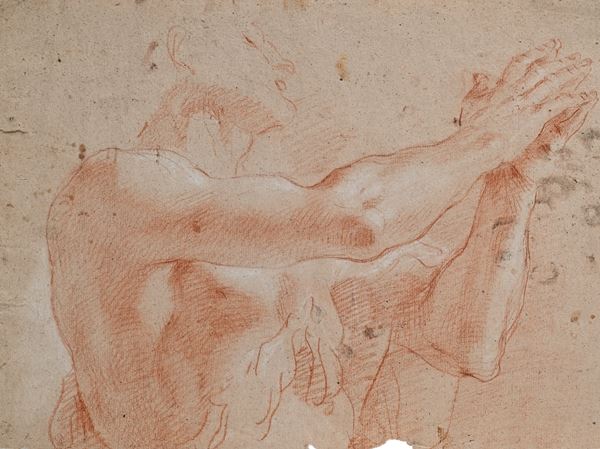 Scuola emiliana del XVIII secolo : Studio di San Giovanni Battista  - Pietra rossa con rialzi di gessetto bianco su carta nocciola - Asta Works on paper - dal XVI al XIX secolo - Casa d'Aste Arcadia