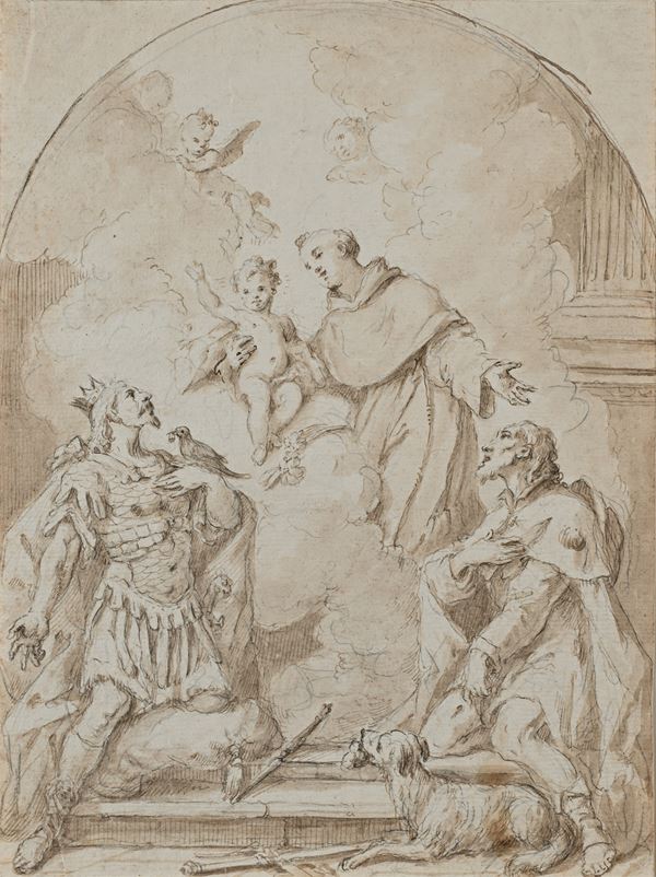 Gaspare Diziani : Gesù Bambino con Sant'Antonio e i Santi Osvaldo e Rocco  - Pietra nera, penna e inchiostro bruno acquerellato su carta - Asta Works on paper - dal XVI al XIX secolo - Casa d'Aste Arcadia