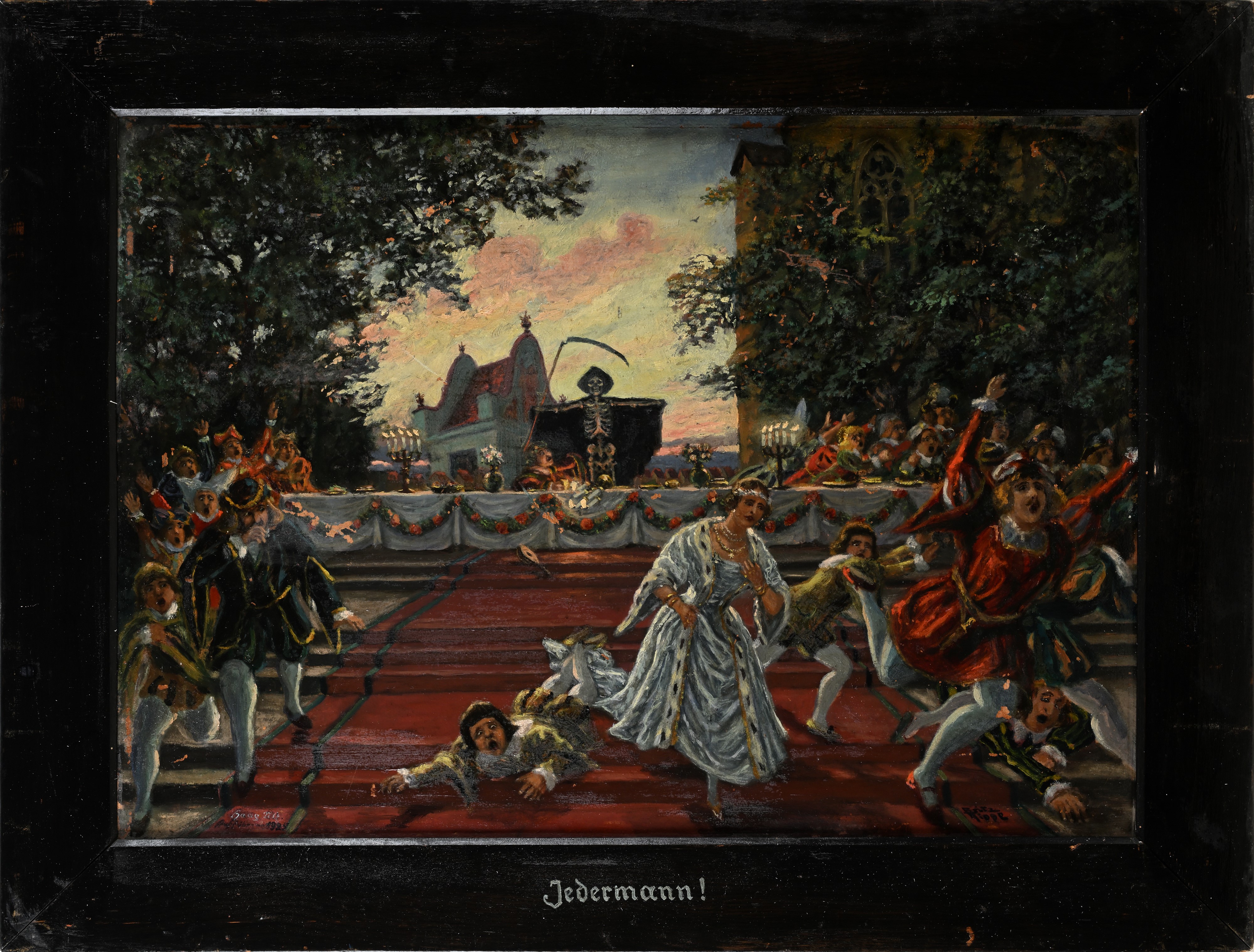 Fritz Tippe (scuola Tedesca Prima Metà del XX Secolo) - Jedermann! (La morte al banchetto), olio ...