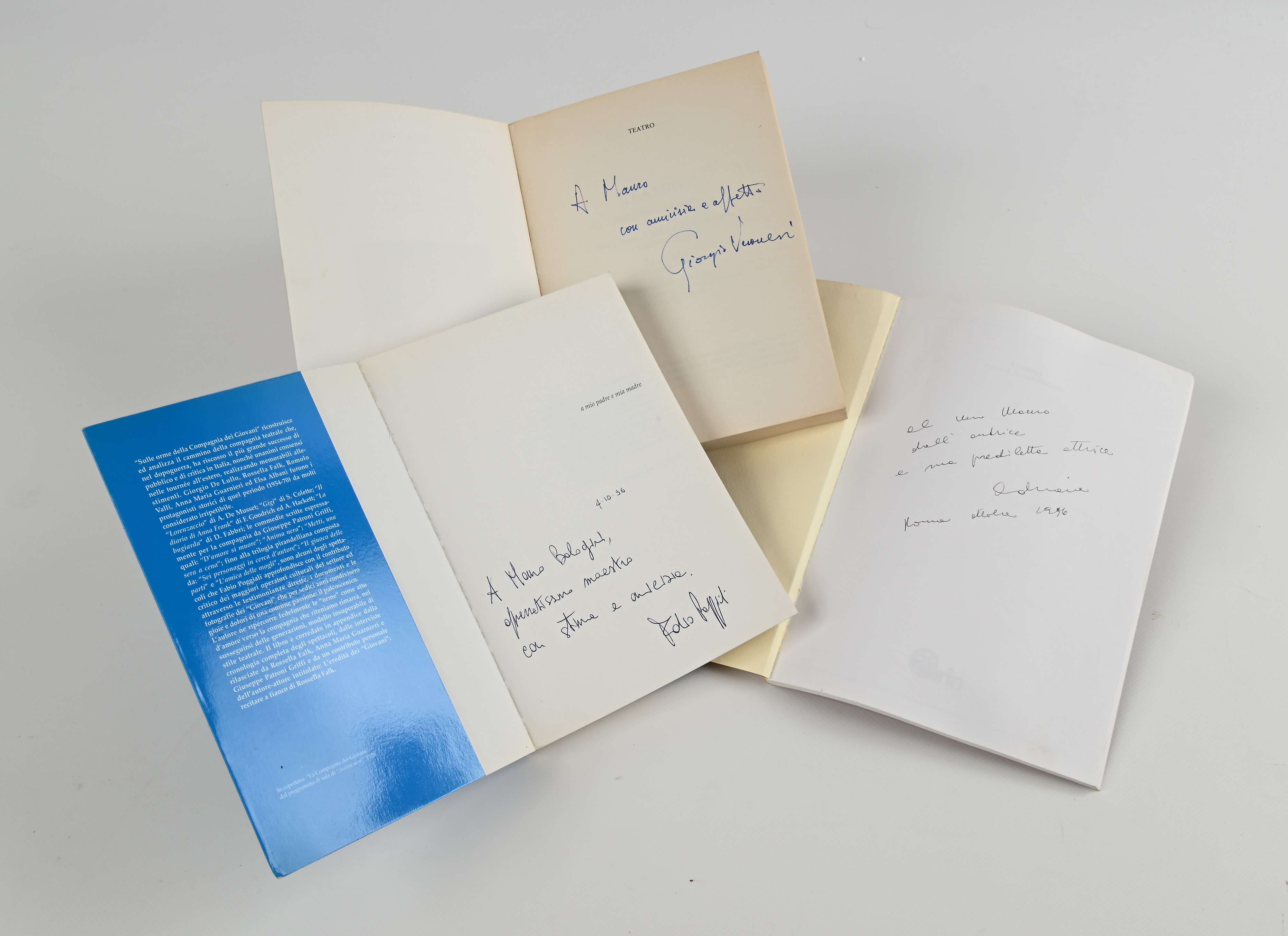 Lotto di 3 volumi di Adriana Asti, Giorgio Veronesi e Fabio Poggiali con dediche autografe a Maur...