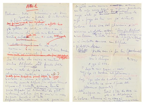 Atto I della Traviata. Foglio autografo con note di regia di Mauro Bolognini. Rappresentata dal Regista a Verona all'Arena il 16 luglio 1970 (con repliche: 19,24,28,31 luglio e 4,8,14 agosto). E successivamente a Bologna, Teatro Comunale nel febbraio 1974 e a Macerata Arena Sferisterio nell'agosto 1984