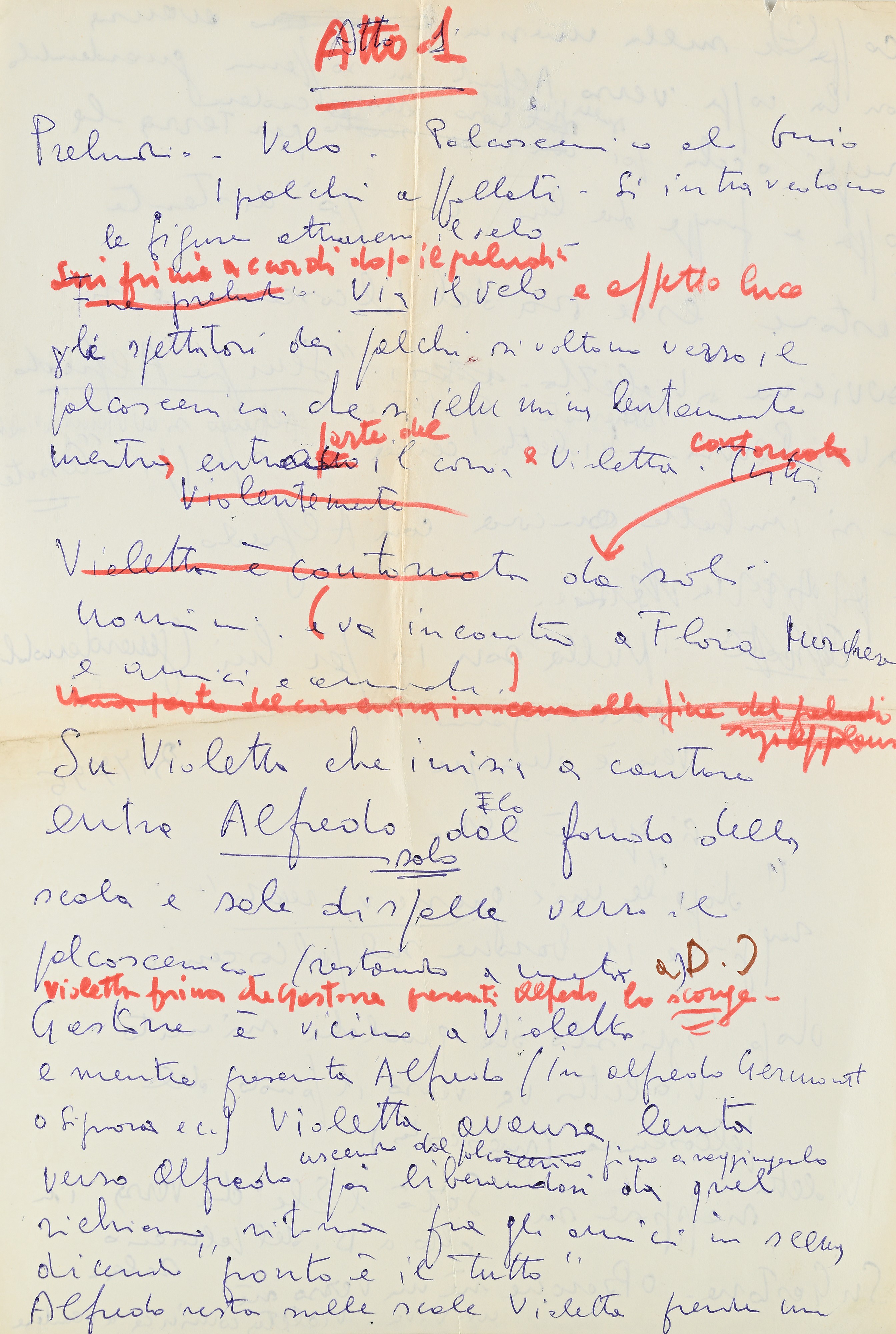 Atto I della Traviata. Foglio autografo con note di regia di Mauro Bolognini. Rappresentata dal R...