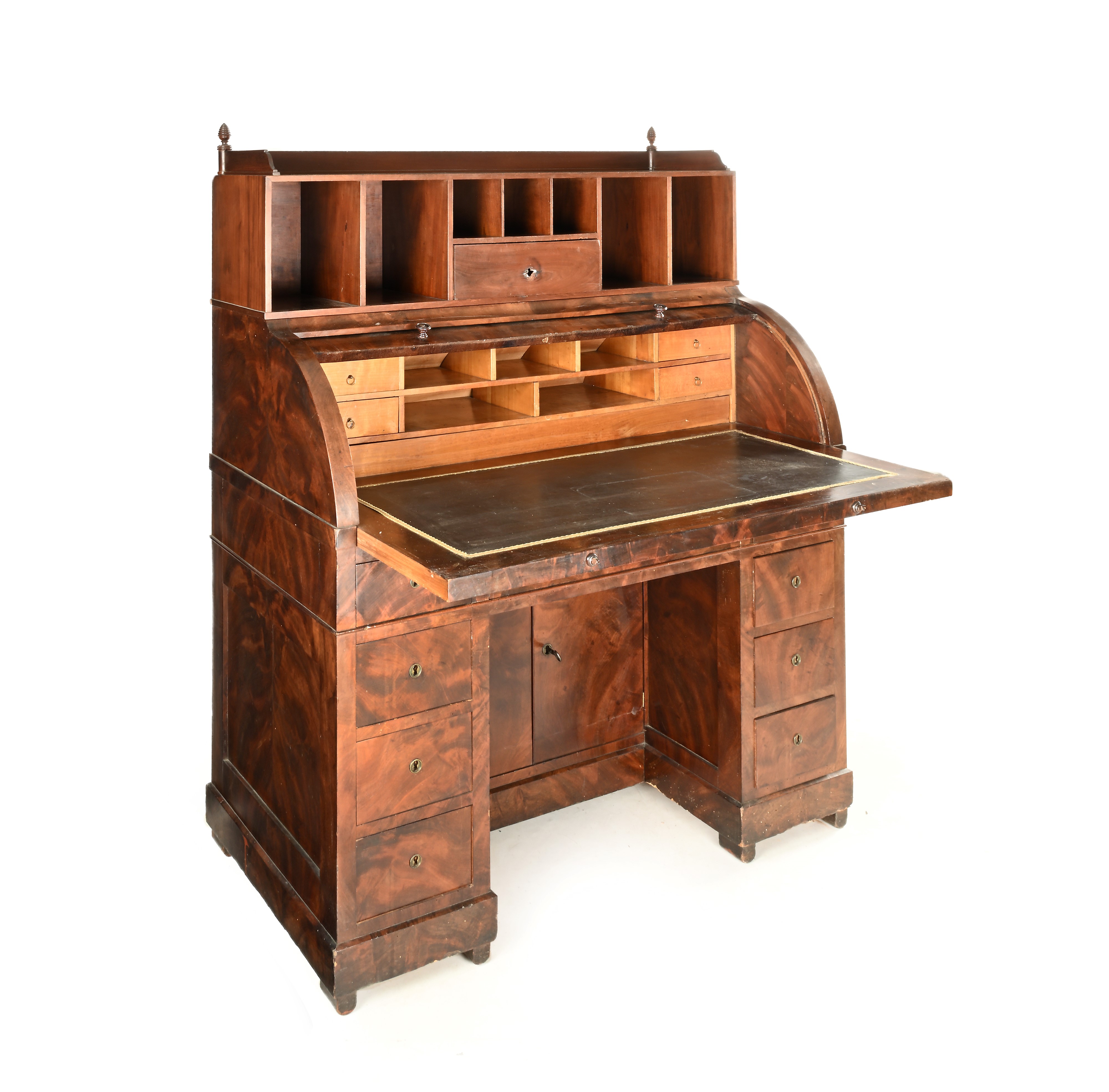 Bureau cylindre in piuma di mogano con alzata, inizi XX secolo