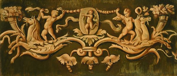 Scuola neoclassica italiana - Sovrapporta dipinto con cornucopie, cavalli marini e putti