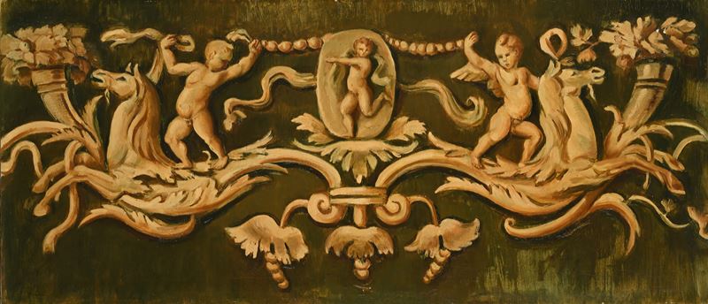 Scuola Neoclassica Italiana - Sovrapporta con cornucopie, cavalli marini e putti, olio su tela