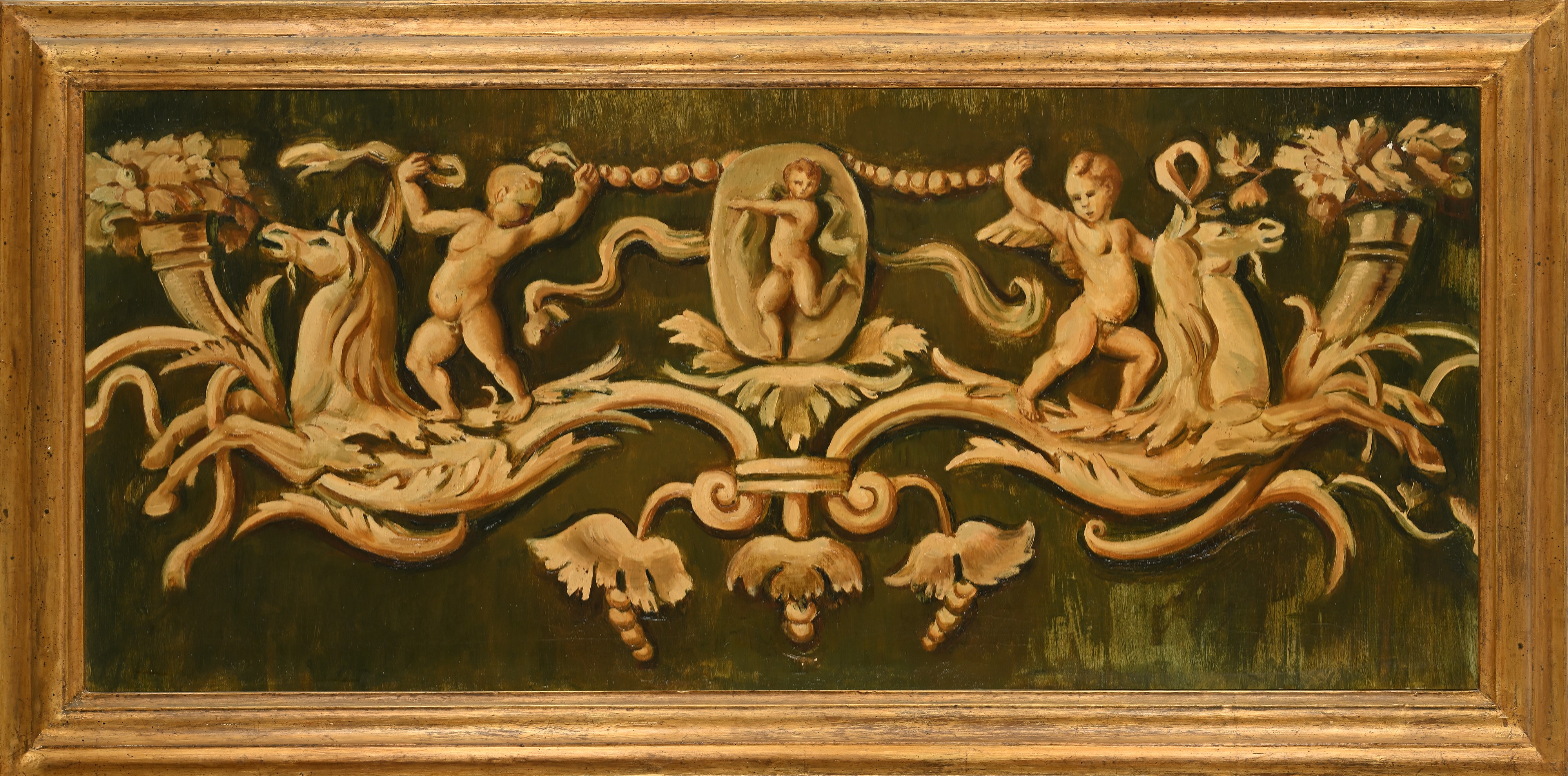 Scuola Neoclassica Italiana - Sovrapporta con cornucopie, cavalli marini e putti, olio su tela