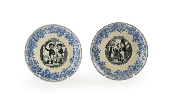 Coppia di "assiette parlante" in terraglia, Gien, fine XIX/inizi XX secolo 