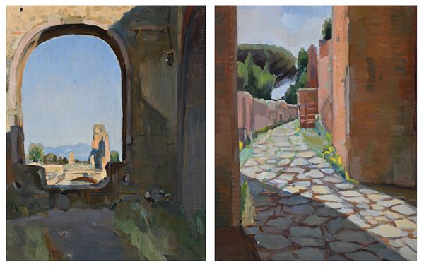 Scuola Romana inizi del XIX secolo - Roma, coppia di vedute del Palatino