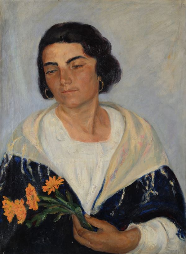 Ritratto di giovane donna femminile con fiori gialli e scialle