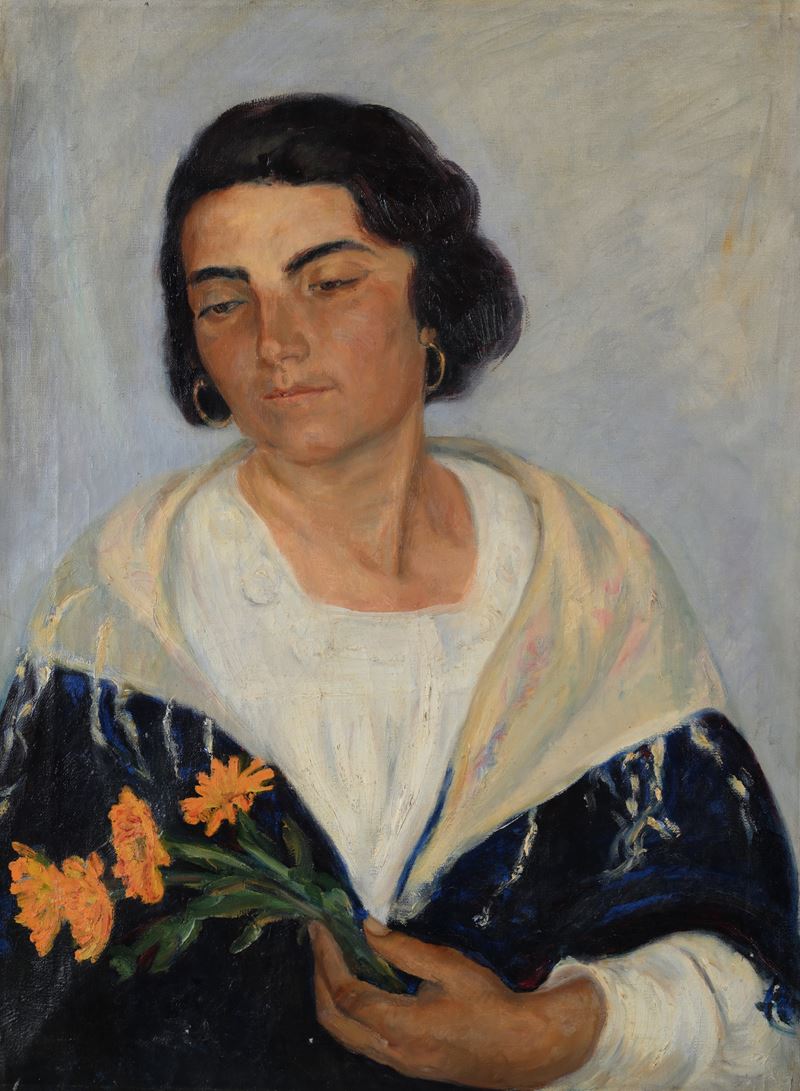Scuola Italiana Prima Metà del XX Secolo - Scuola italiana, Ritratto di giovane donna con fiori g...