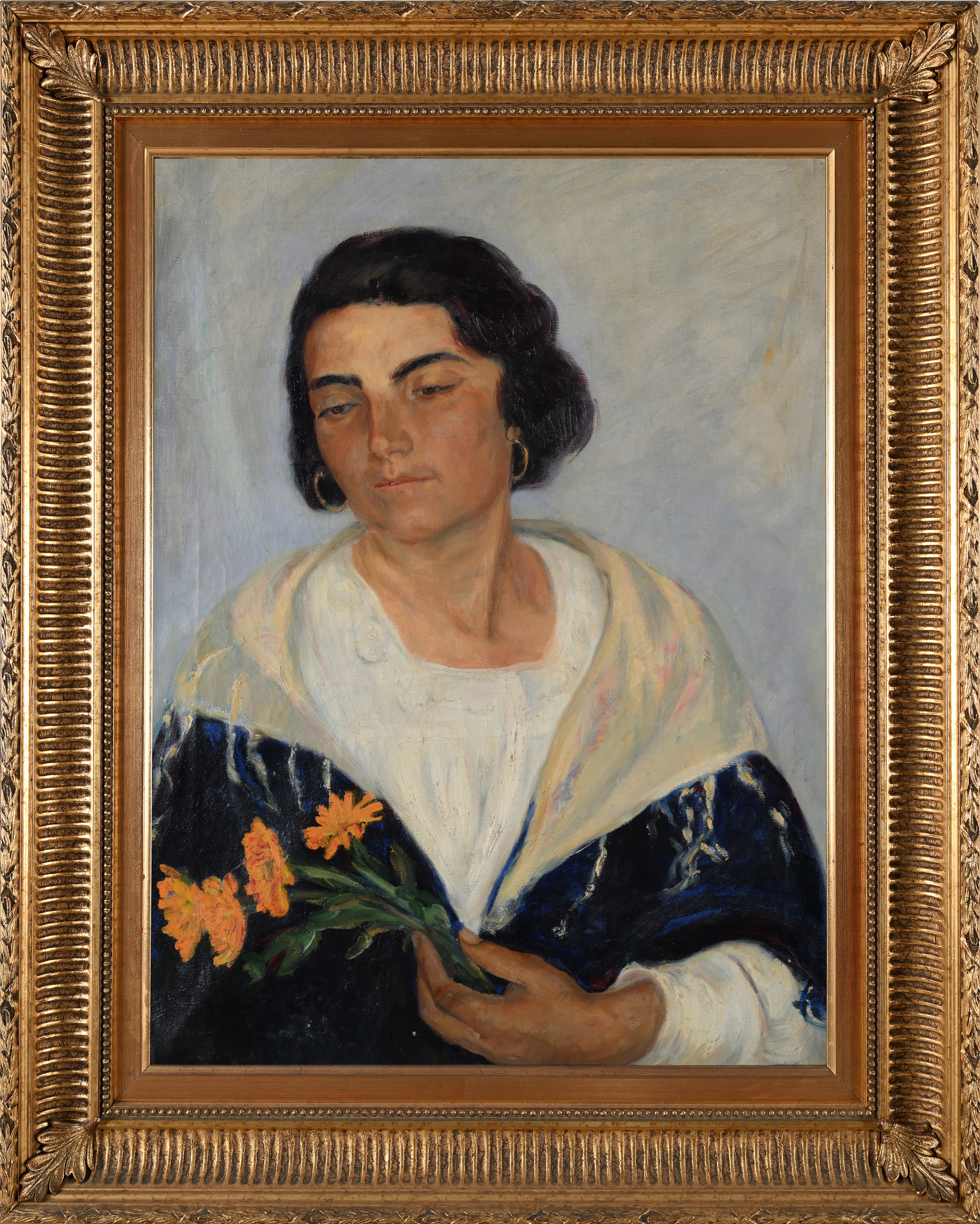 Scuola Italiana Prima Metà del XX Secolo - Scuola italiana, Ritratto di giovane donna con fiori g...