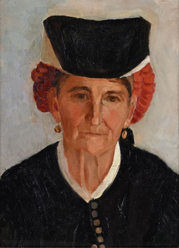 Ritratto di donna anziana in costume popolare con orecchini