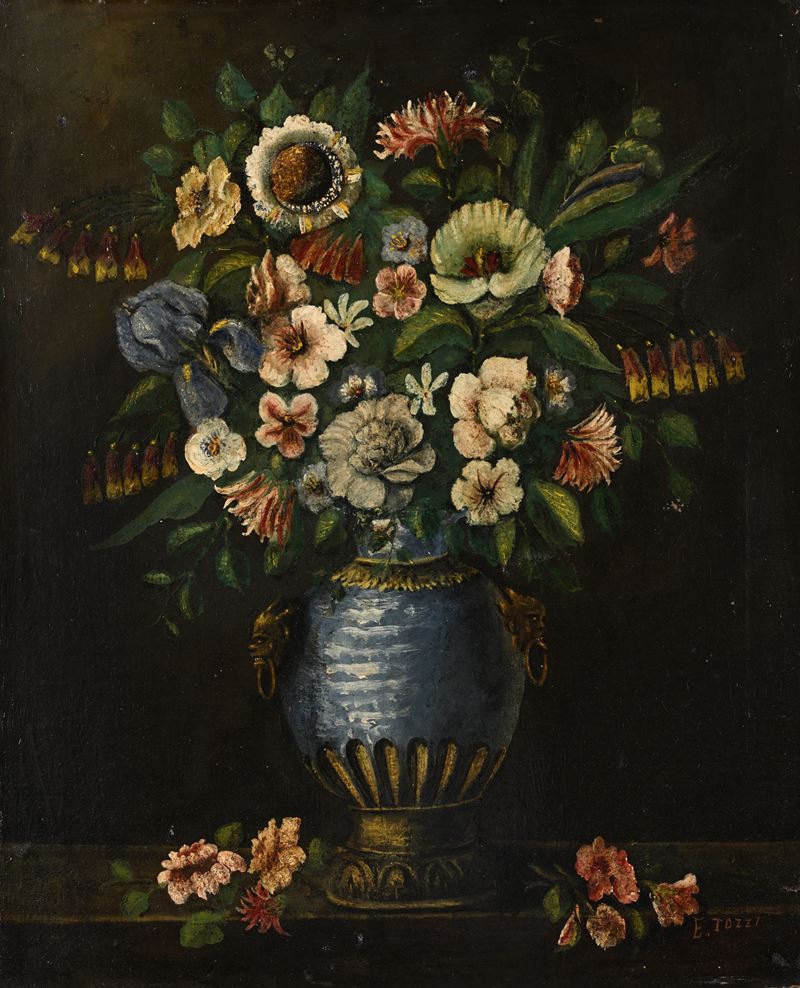 Pittore del XVIII Secolo - Natura morta con vaso di fiori, olio su tela