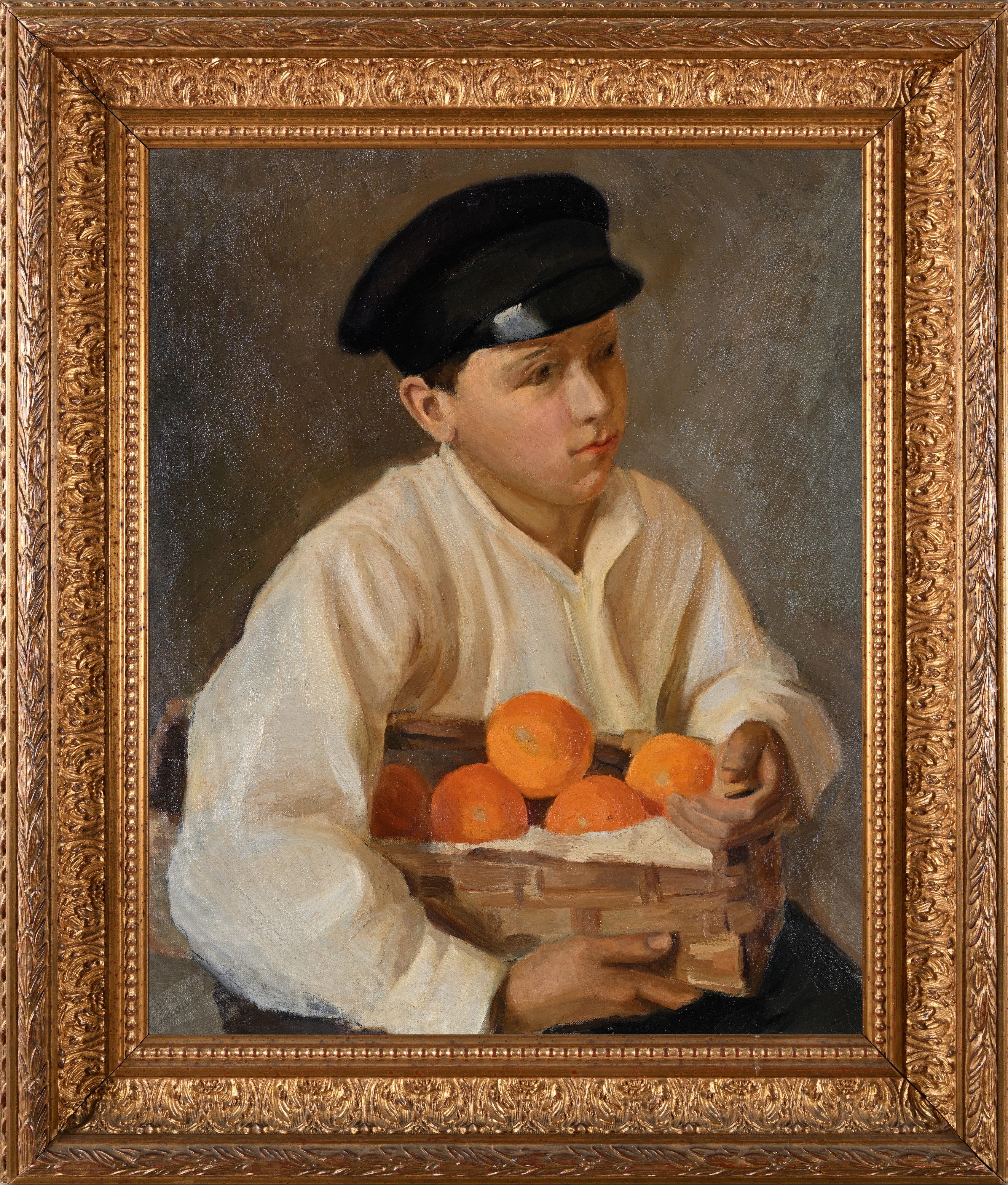 Scuola Italiana del XX Secolo - Ragazzo con cesto di arance, olio su tela