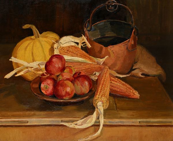 Natura morta con mele, pannocchie, zucca e calderone di rame su di un tavolo