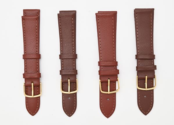 4 cinturini nuovi in vitello (Calf grain): 2 marrone chiaro e 2 marrone scuro da 18 e 20 mm con fibbie dorate