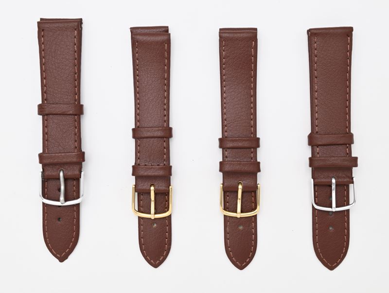 4 cinturini nuovi in vitello marrone scuro (Calf grain): 2 da 18 mm con fibbie dorate e 2 da 20 m...