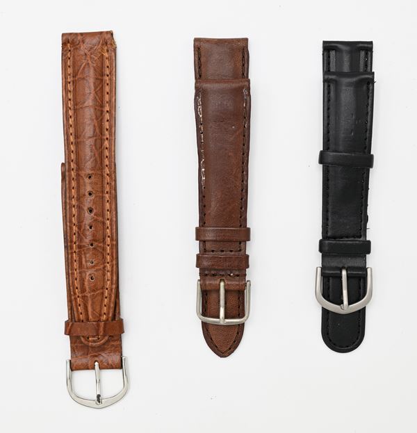 3 cinturini nuovi in pelle (2 marroni da 20/18, 20/16 mm e 1 nero da 18/16 mm) con fibbie in acciaio e metallo