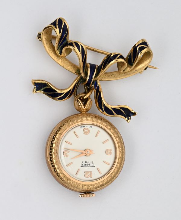 Onger - Orologio da tasca con scappamento ad ancora remontoir, da donna in argento 925/000 dorato con smalto e spilla a fiocco in oro 18 Kt e smalto