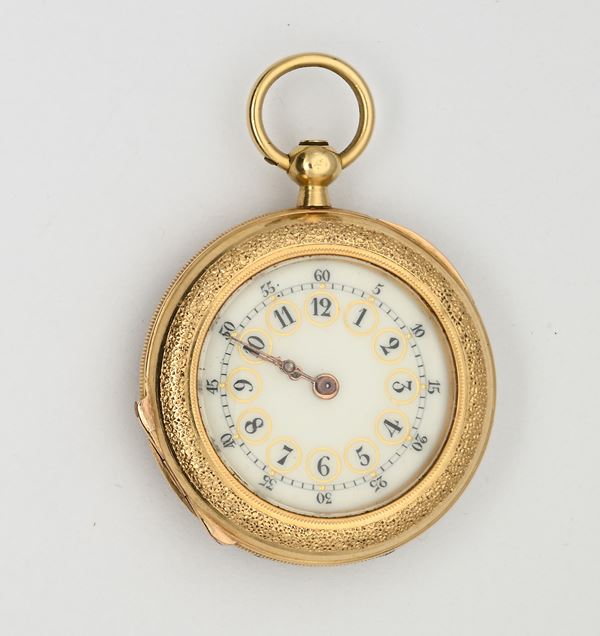 L. Massier a Torigni - Orologio da tasca con scappamento ad ancora e carica a chiavetta, da donna, in oro 18Kt con smalto floreale sul retro
