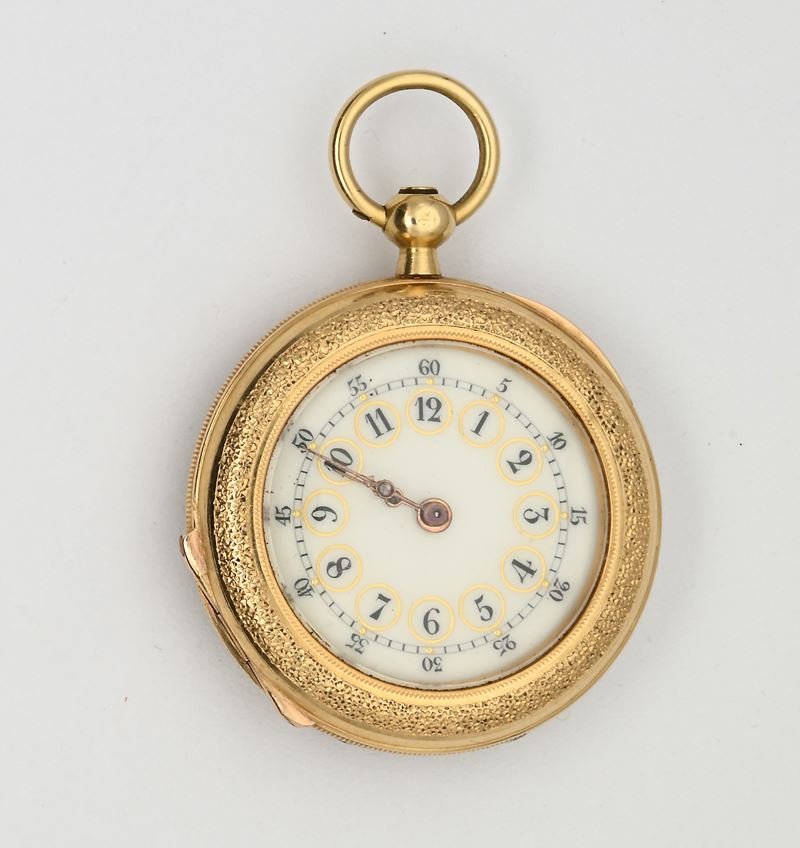 L. Massier, Orologio da tasca con scappamento ad ancora e carica a chiavetta, oro 18 kt, smalto f...