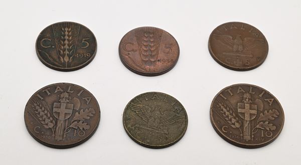 5 centesimi 1919 e 1934 Spiga, 1936 e 1943 Aquila; 10 centesimi 1936 Fascio (2pz.) Vittorio Emanuele III Regno d'Italia