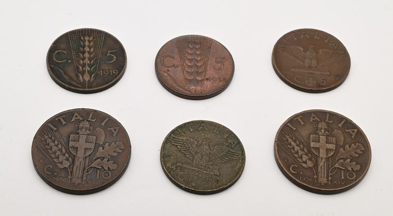 Regno d'Italia, Serie di monete in bronzitalia (5 e 10 centesimi) con effigi di Vittorio Emanuele...