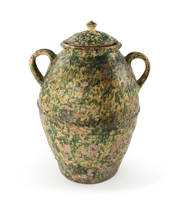 Grande orcio con coperchio in terracotta invetriata maculata, Toscana, XIX secolo