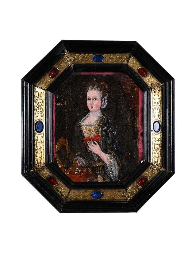 Cornice ottagonale in legno ebanizzato con finiture in rame dorato e gemme, XVIII secolo