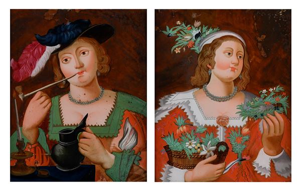 Coppia di dipinti allegorici sottovetro