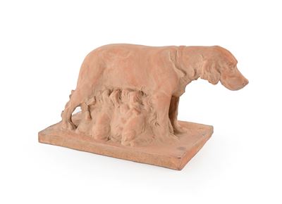 G. le Sage, Cane setter con cuccioli, terracotta