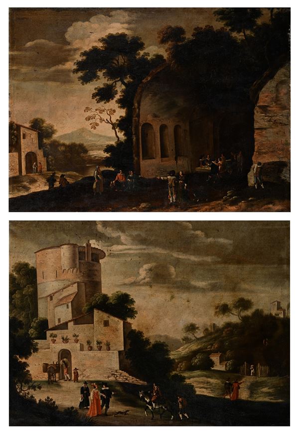 Coppia di paesaggi con figure