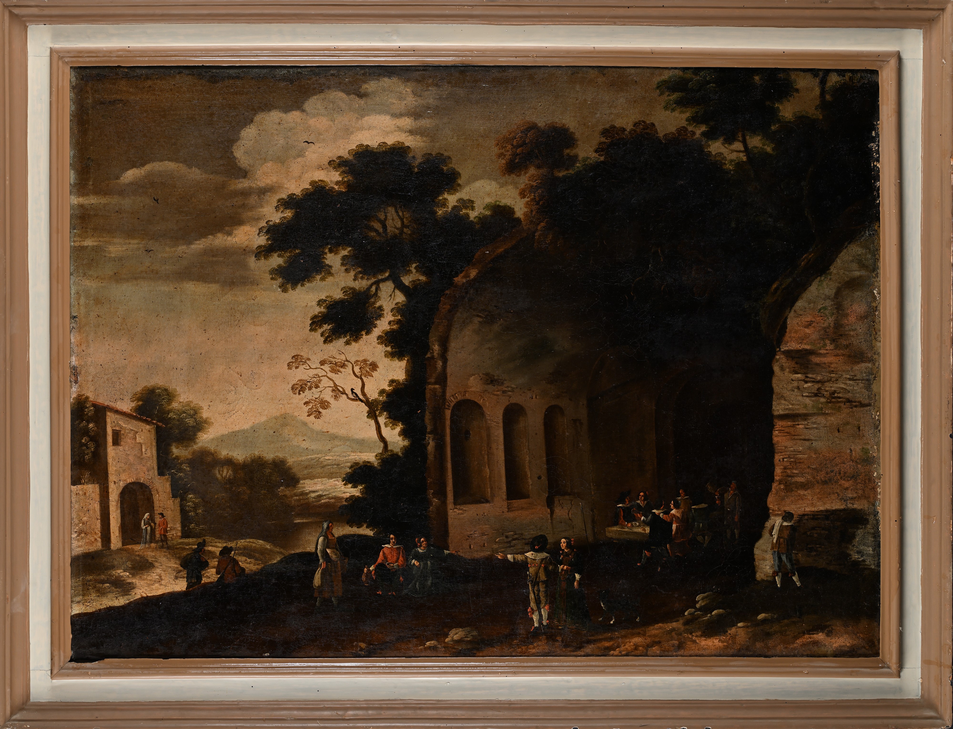 Scuola Veneta del XVIII Secolo - Coppia di paesaggi con figure, olio su tela