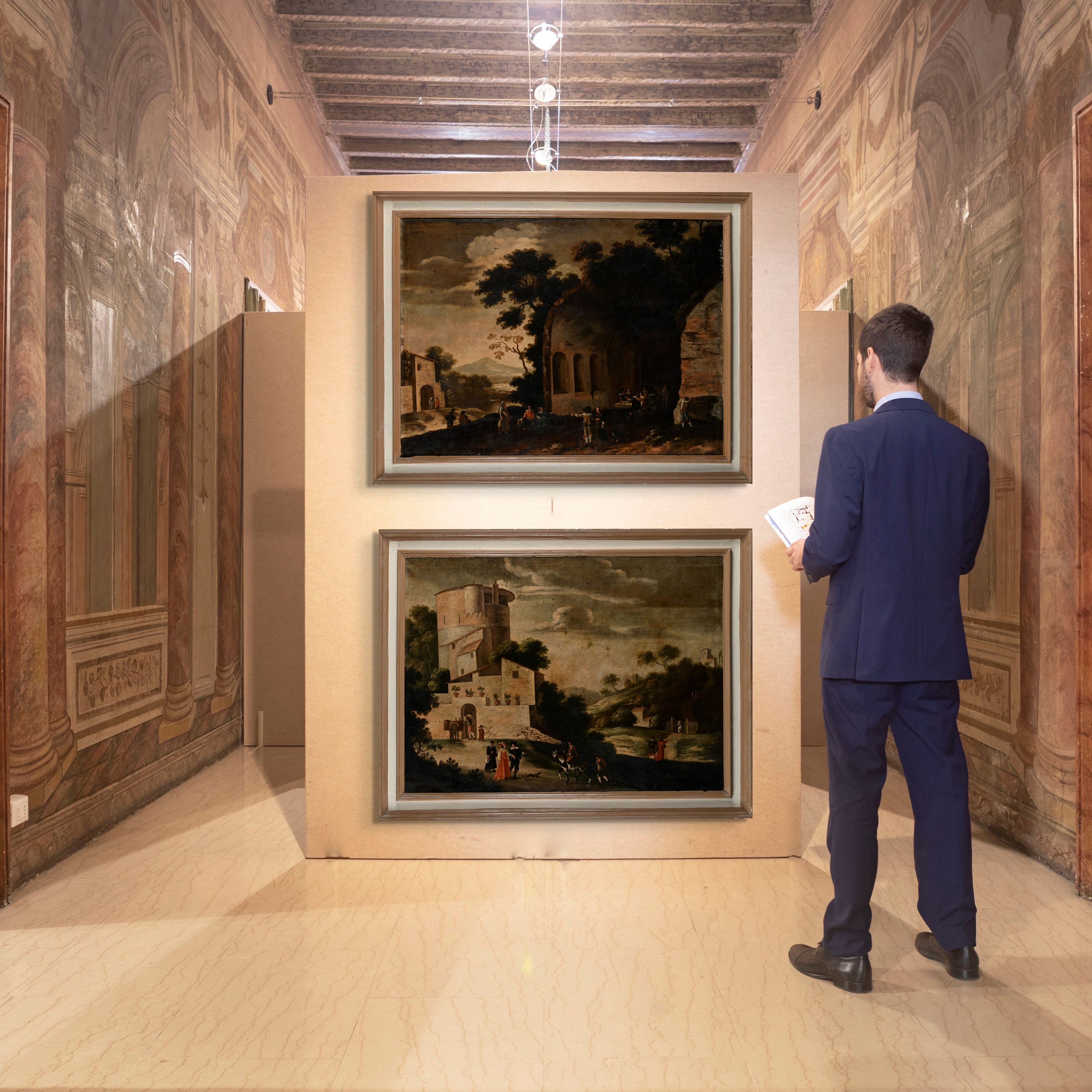 Scuola Veneta del XVIII Secolo - Coppia di paesaggi con figure, olio su tela