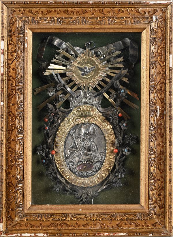 Placca devozionale in argento sbalzato e metallo dorato, XVIII secolo