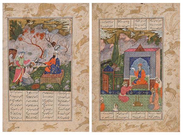 Maestro calligrafo persiano - Due antiche pagine miniate 