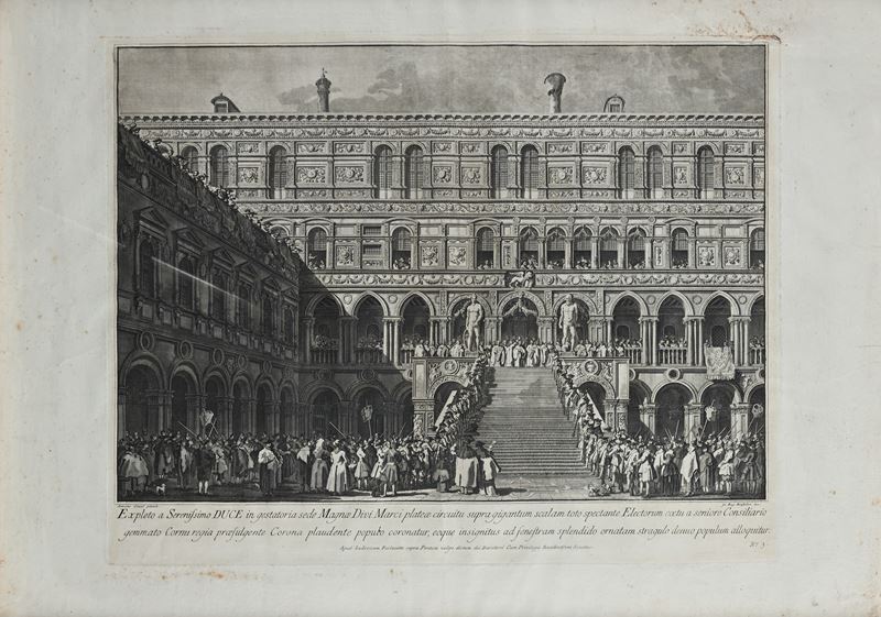 Giovanni Battista Brustolon - Incoronazione del Doge sulla Scala dei Giganti a Venezia, acquafort...