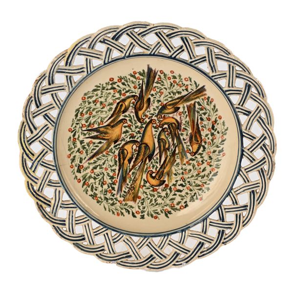 Piatto in maiolica policroma con uccellini, manifattura novese Baccin - Cecchetto, XIX secolo