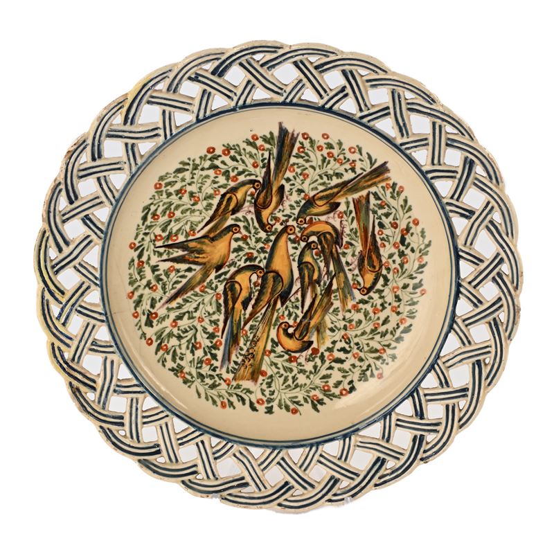 Piatto in maiolica policroma con uccellini, manifattura novese Baccin - Cecchetto, XIX secolo