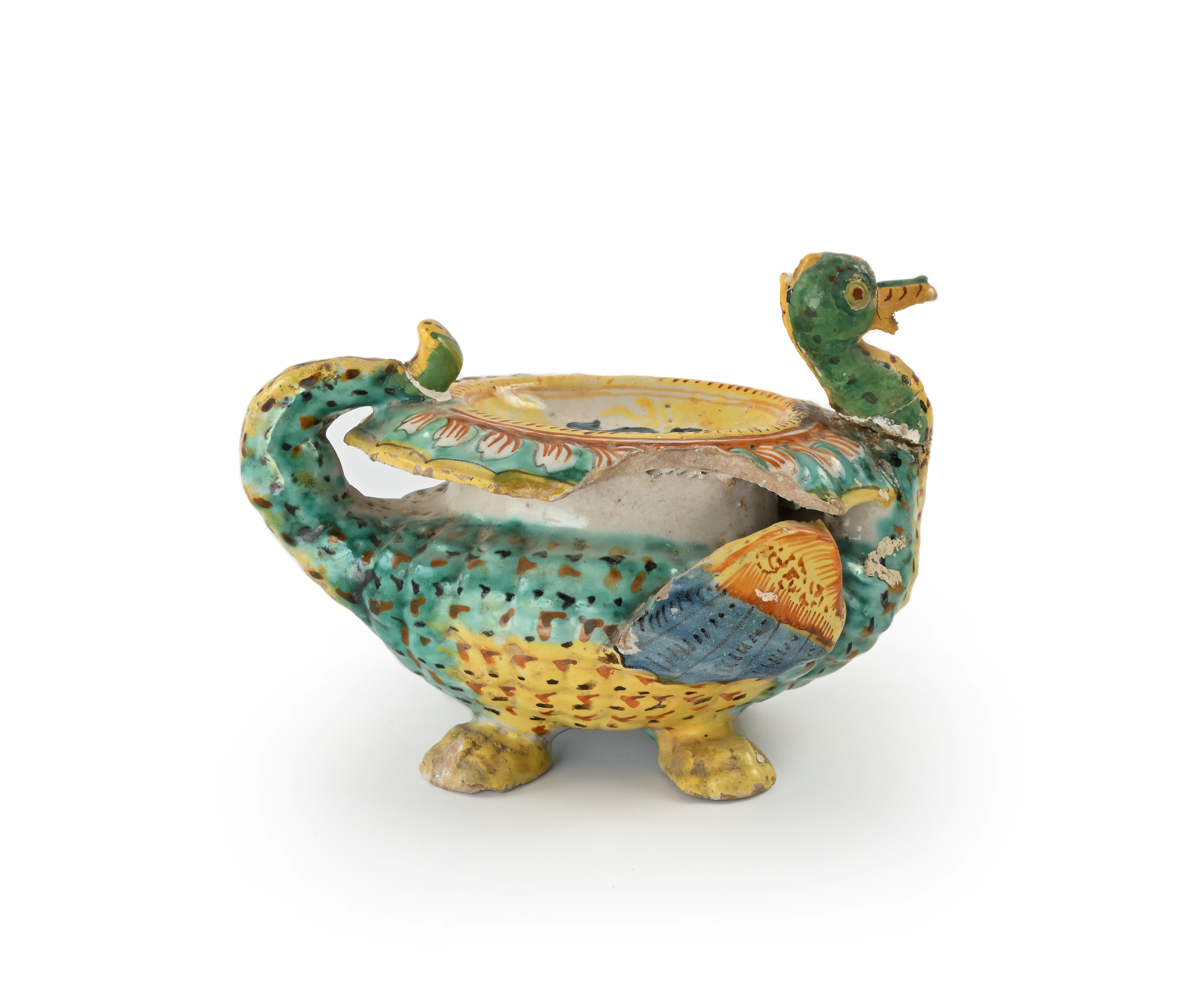 Versatoio zoomorfo porta unguento in maiolica gialla, verde e bruno