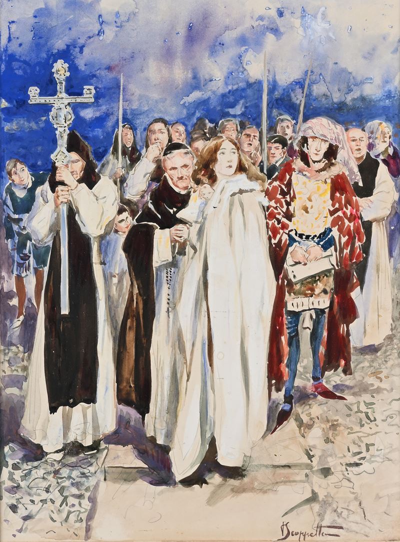 Pietro Scoppetta - Processione, tecnica mista su cartoncino
