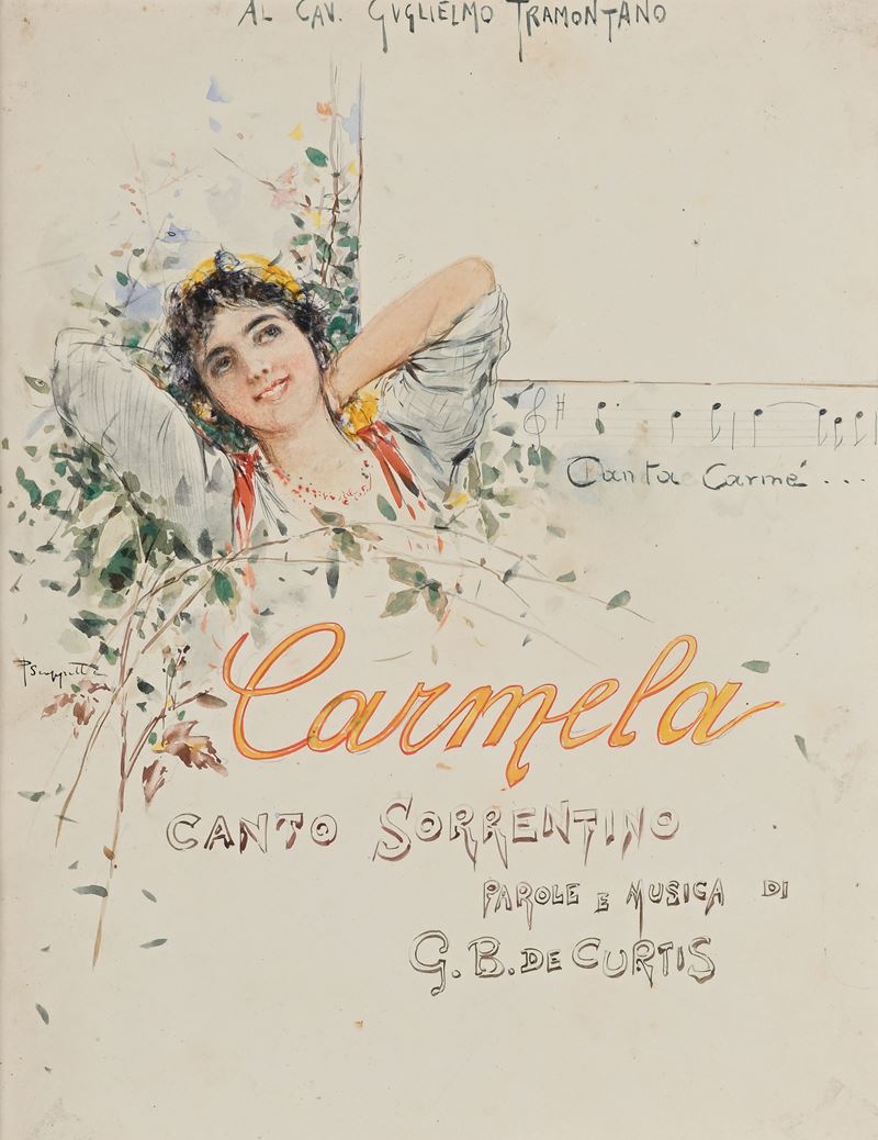 Pietro Scoppetta - Carmela, canto sorrentino (seconda versione) – bozzetto a matita e acquerello ...