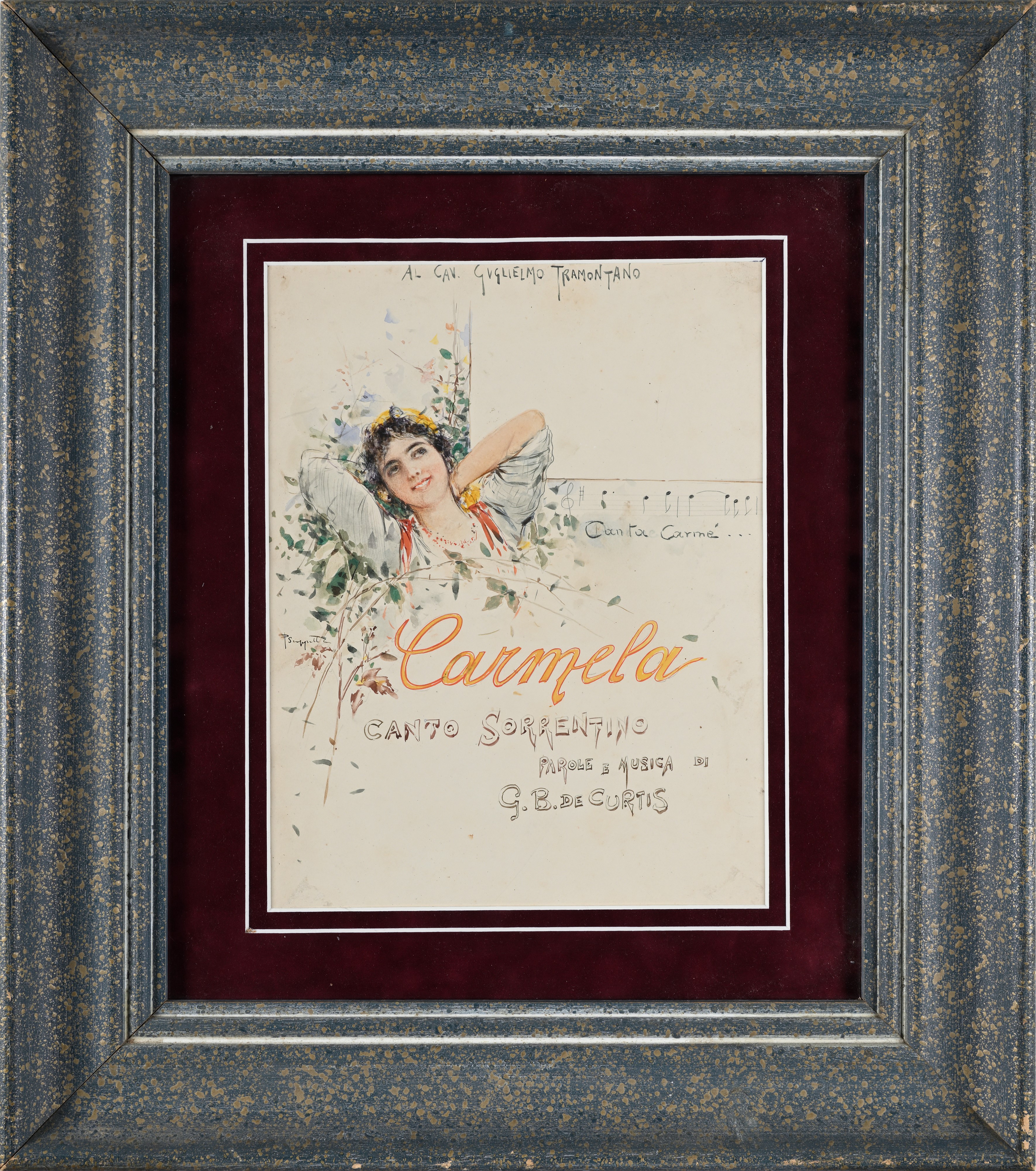 Pietro Scoppetta - Carmela, canto sorrentino (seconda versione) – bozzetto a matita e acquerello ...
