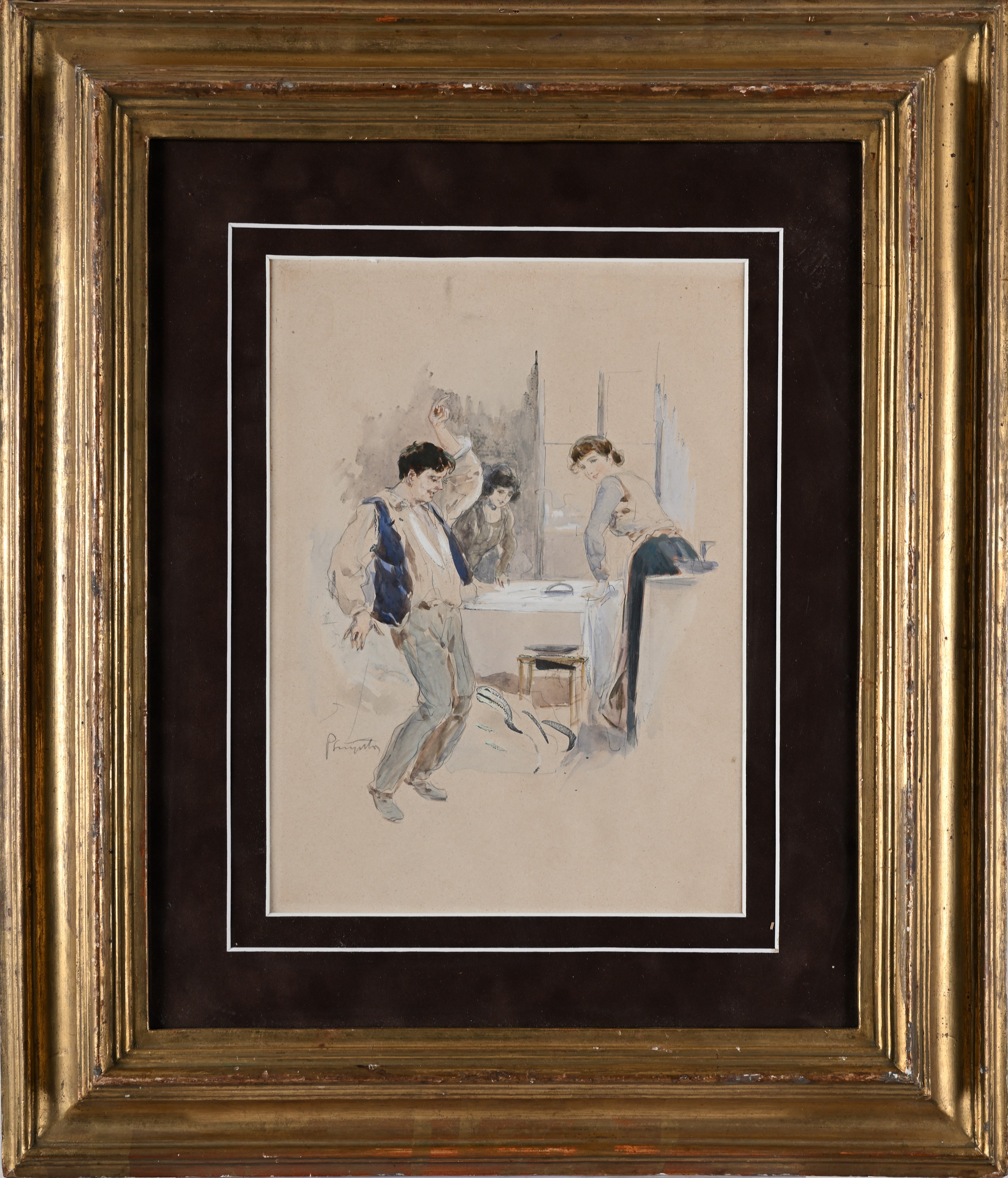 Pietro Scoppetta - Un ballo improvvisato (studio) — matita, acquerello e biacca su cartoncino