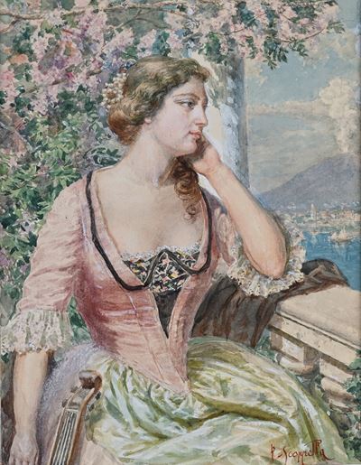 Giovane signora in terrazza presso Torre Annunziata (veduta durante un’eruzione del Vesuvio), tec...