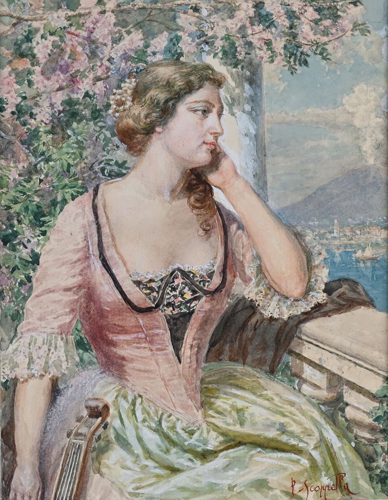 Pietro Scoppetta - Giovane signora in terrazza presso Torre Annunziata (veduta durante un’eruzion...